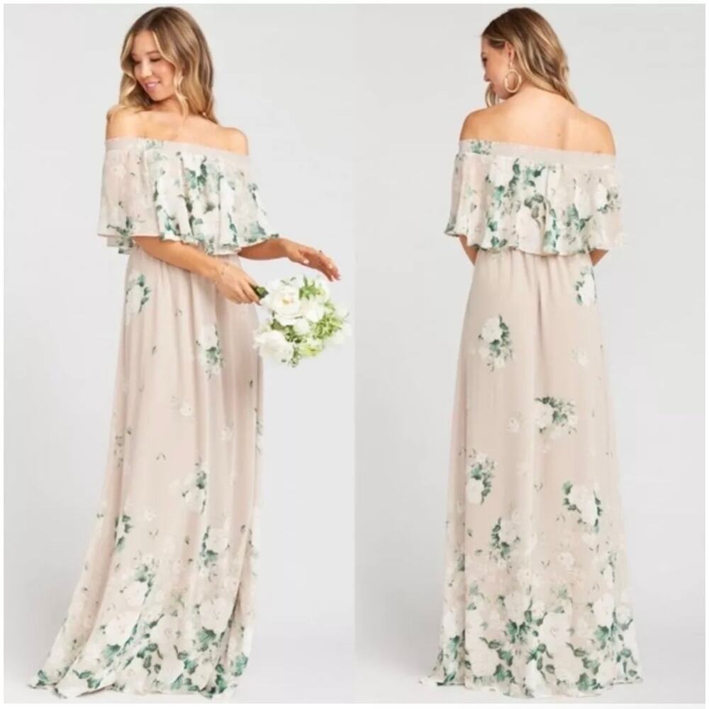 Show Me Your Mumu Hacienda Maxi Dress Off Shoulder Floral Tan Nude Pink Small